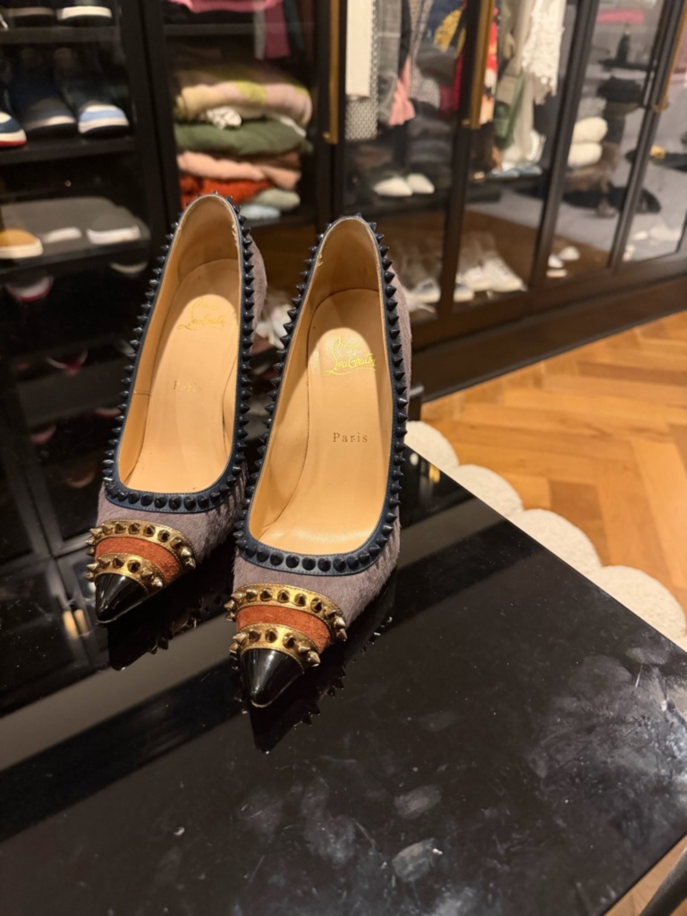 Christian Louboutin Gray Navy Black Studded Pointed Toe Pumps